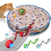 A cat is playing with a motion-activated hide and seek toy featuring a rolling ball and various colored rods.