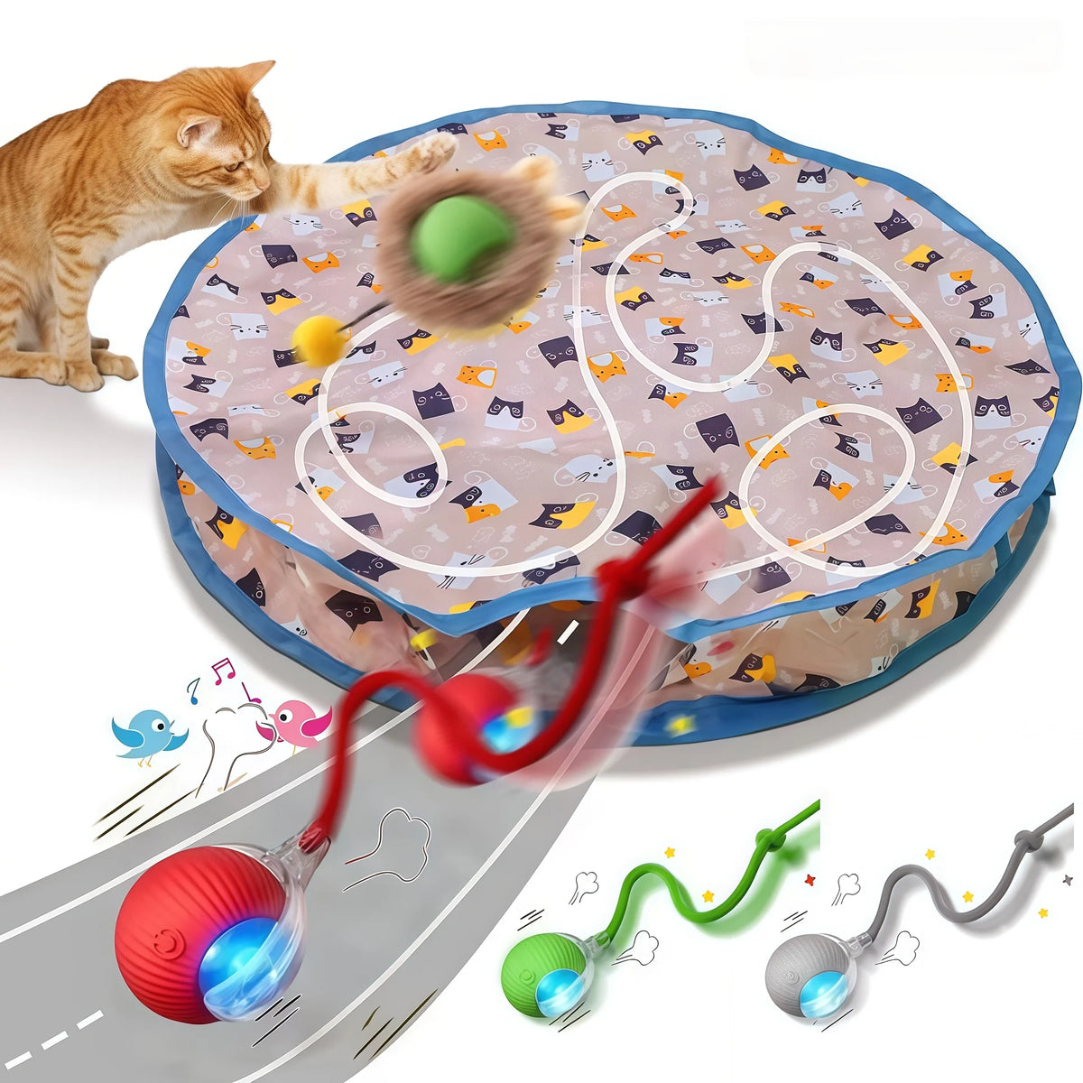 A cat is playing with a motion-activated hide and seek toy featuring a rolling ball and various colored rods.