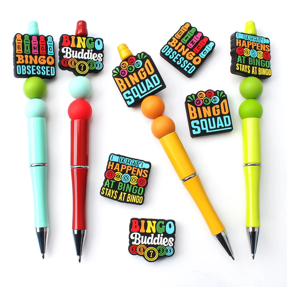 A collection of colorful bingo-themed silicone beads, including Bingo Obsessed and Bingo Squad designs.