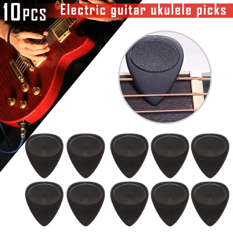 A set of ten black non-slip nylon electric guitar ukulele picks are displayed on a white background.