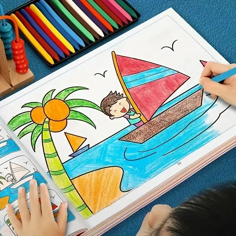 A child is drawing a sailboat on a page of a kids drawing and coloring book.