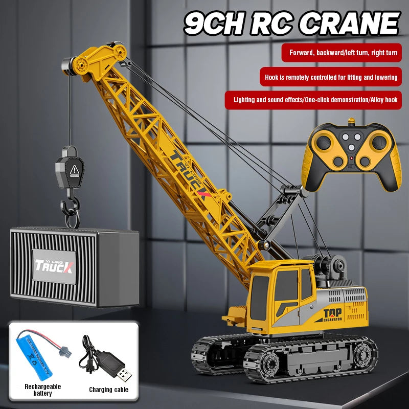 A yellow RC crane excavator truck is shown with a battery and charging cable, ready for remote control operation.