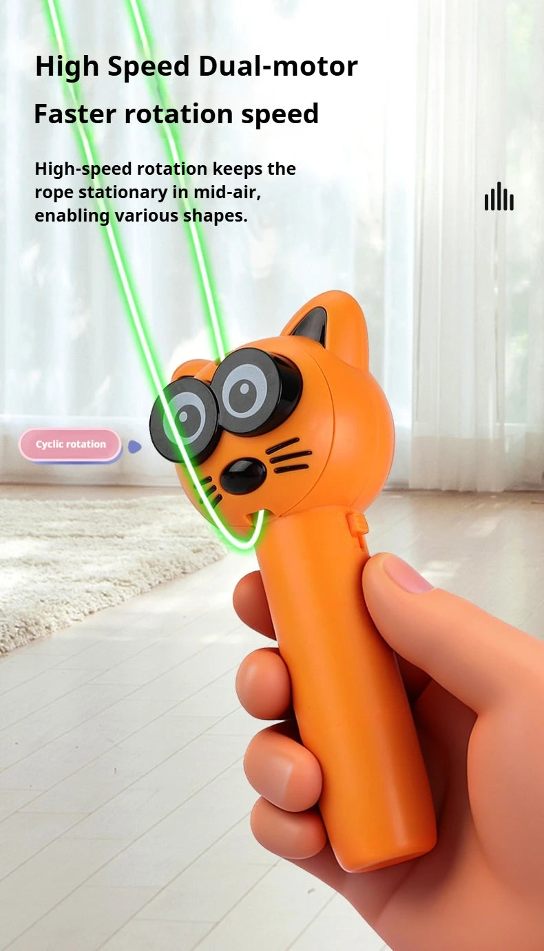 An orange automatic cat toy with black eyes and whiskers is held in a hand, demonstrating its high-speed dual-motor rotation.