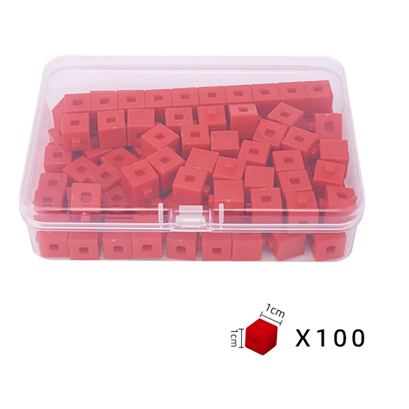 A clear plastic container filled with 100 red linking cubes for early math learning.