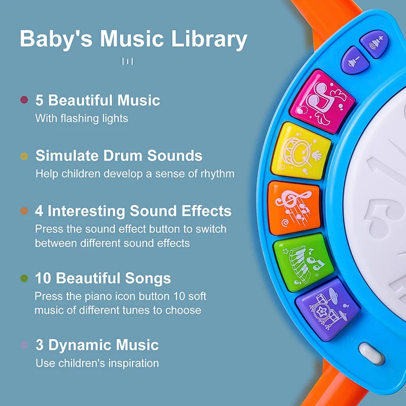 A close-up of an interactive kids drum set featuring colorful pads, flashing lights, and various sound buttons.