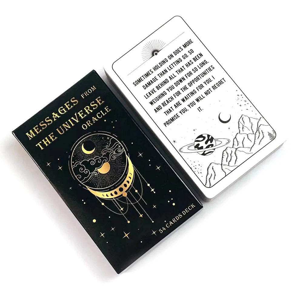 A black card deck featuring an oracle card with text about damage and leaving behind, displayed on a white background.