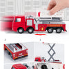 A die-cast red fire truck set featuring a ladder truck and water cannon components.