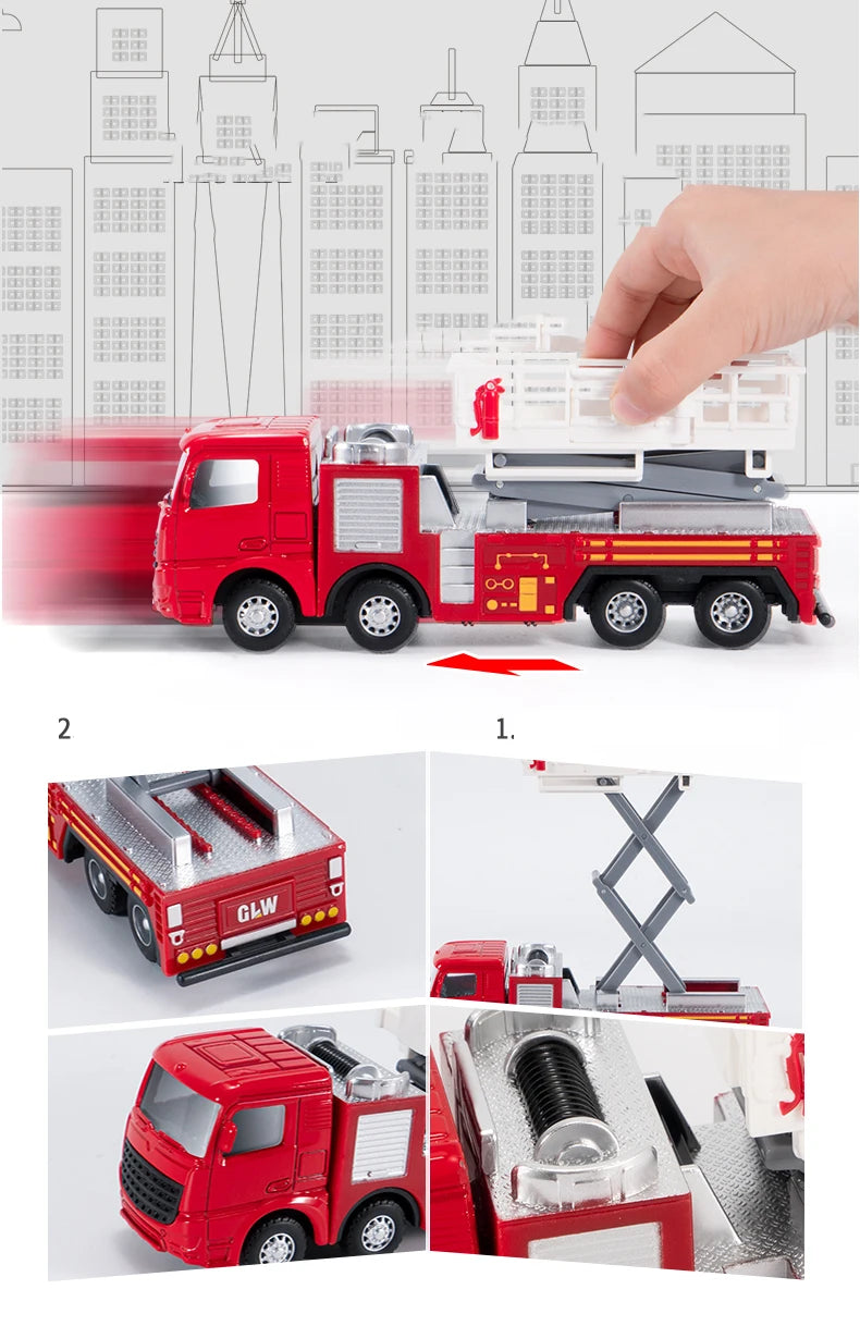 A die-cast red fire truck set featuring a ladder truck and water cannon components.