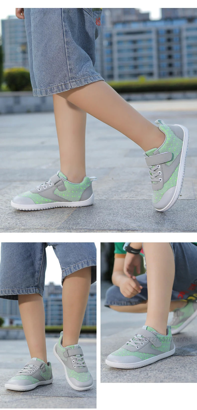 A close-up of a child wearing light green and gray barefoot training sneakers on a paved surface.