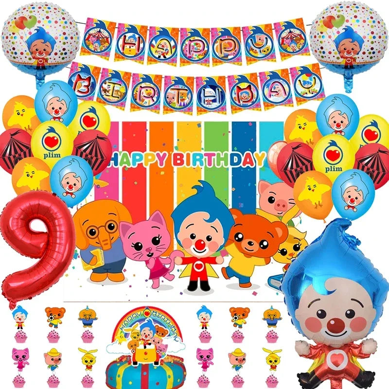 A collection of colorful balloons, streamers, and clown-themed decorations for a children's birthday party.