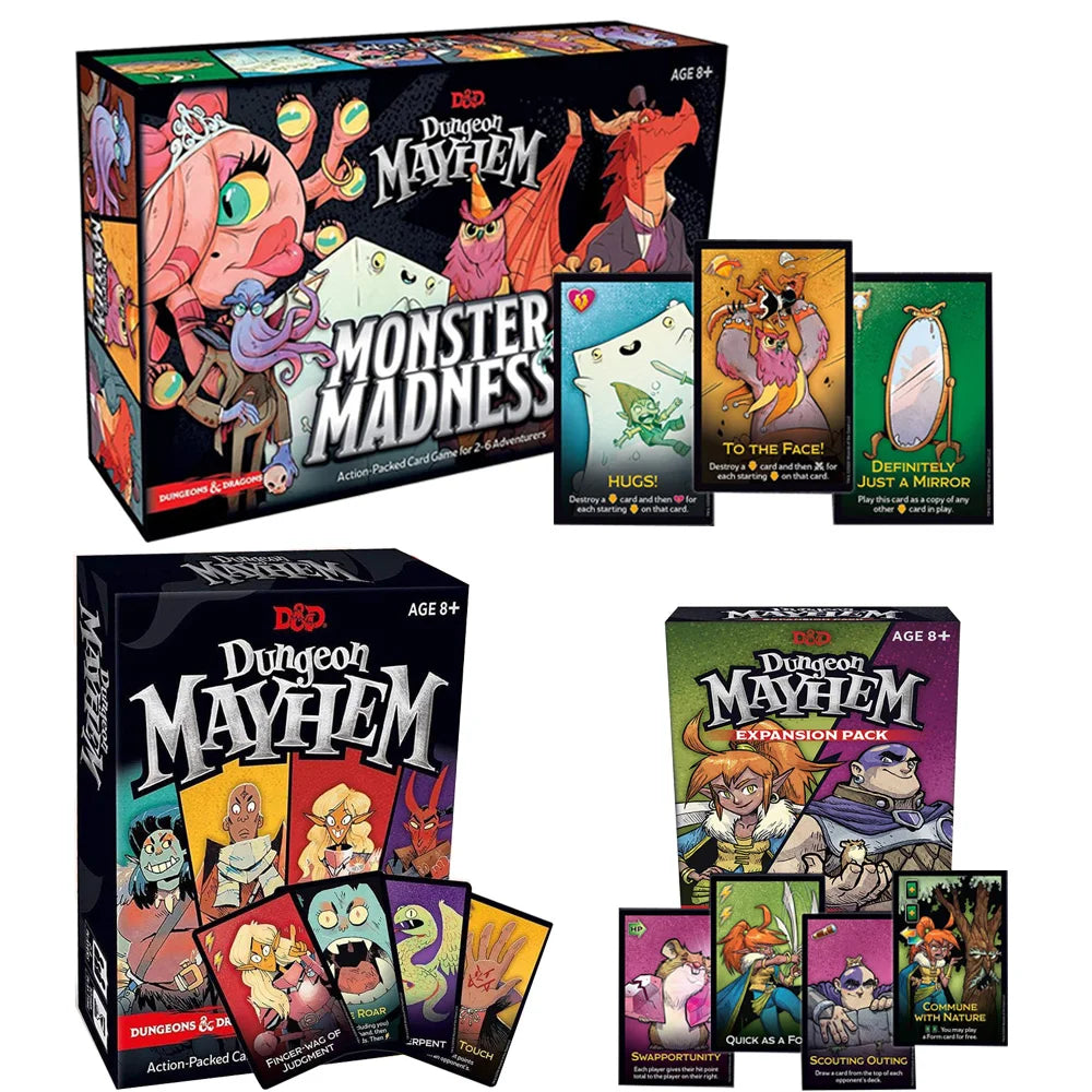 Box of Dungeons & Dragons Dungeon Mayhem Monster Madness card game with various expansion packs.