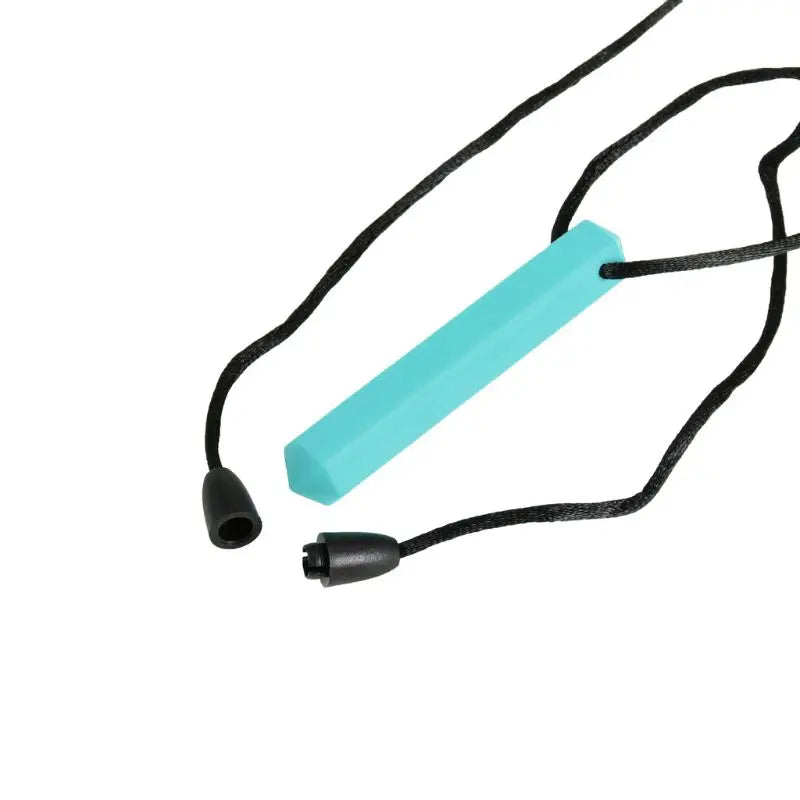 A light blue silicone chew necklace with black cord and a small bead.