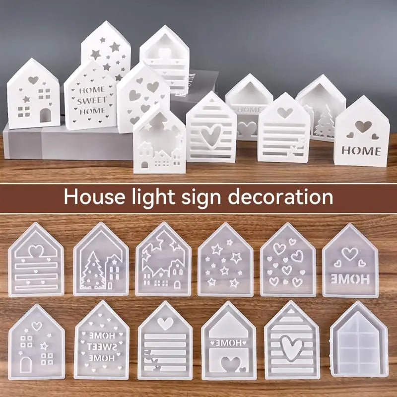 A collection of clear silicone light signs shaped like houses, featuring designs for home, sweet home, and love.