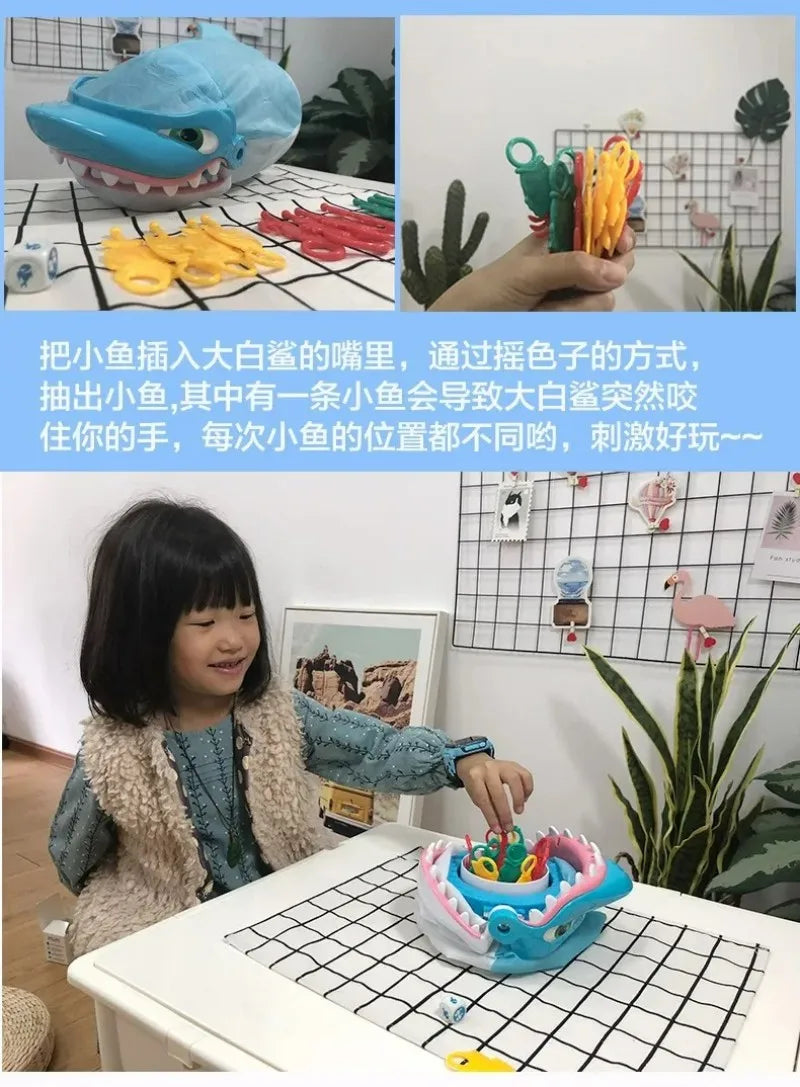 A child plays with a shark bite prank board game featuring colorful plastic pieces on a grid surface.