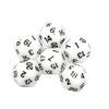 A collection of white D20 dice showing various numbered faces.