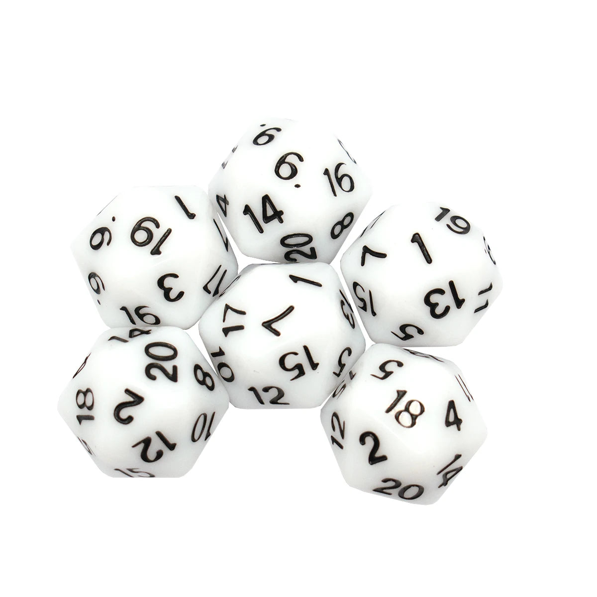 A collection of white D20 dice showing various numbered faces.