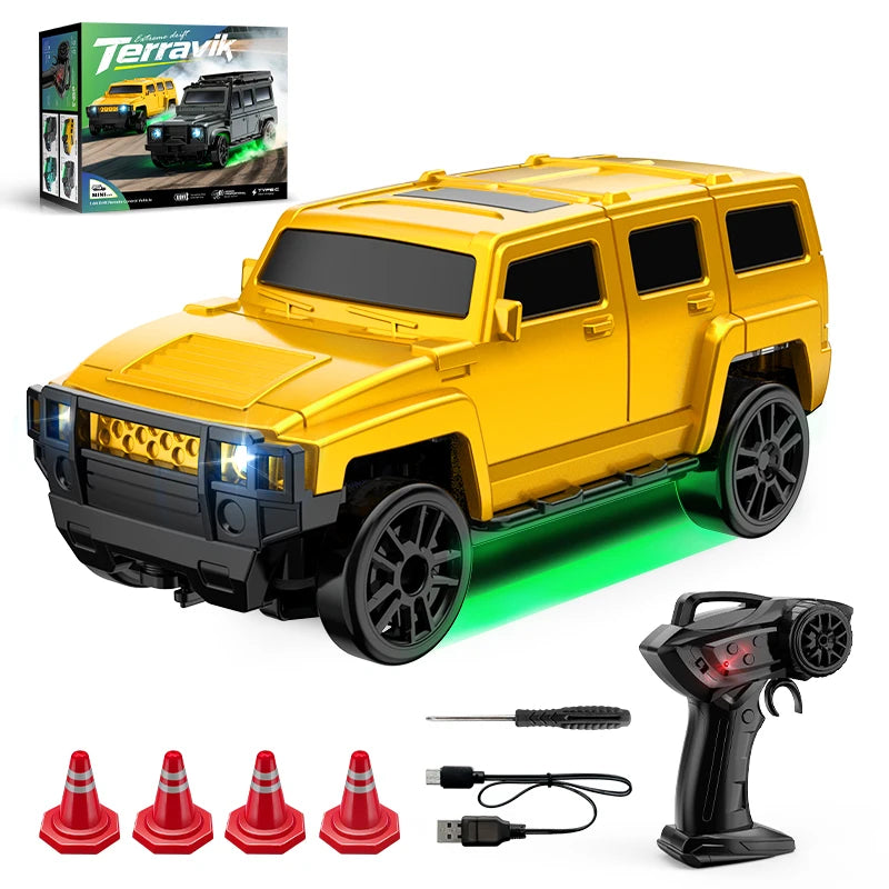A yellow remote control drift car is shown with various accessories and packaging.