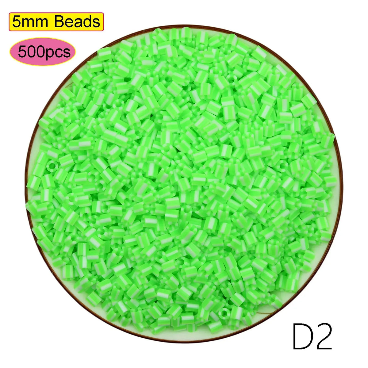 A circular arrangement of 500 clear green beads labeled D2 for a craft kit.
