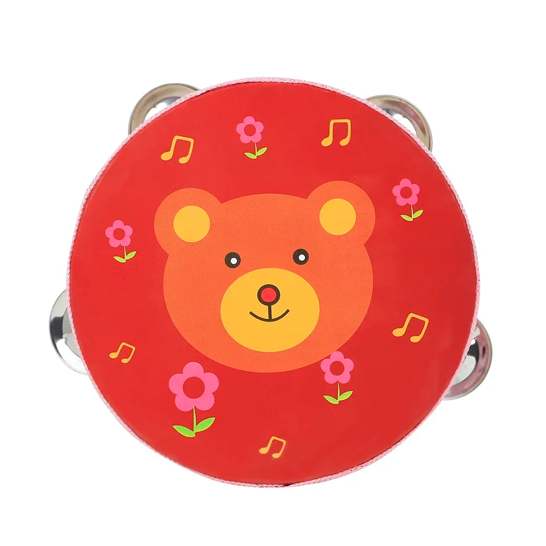 A red wooden tambourine with a cartoon bear face design featuring pink flowers and musical notes.
