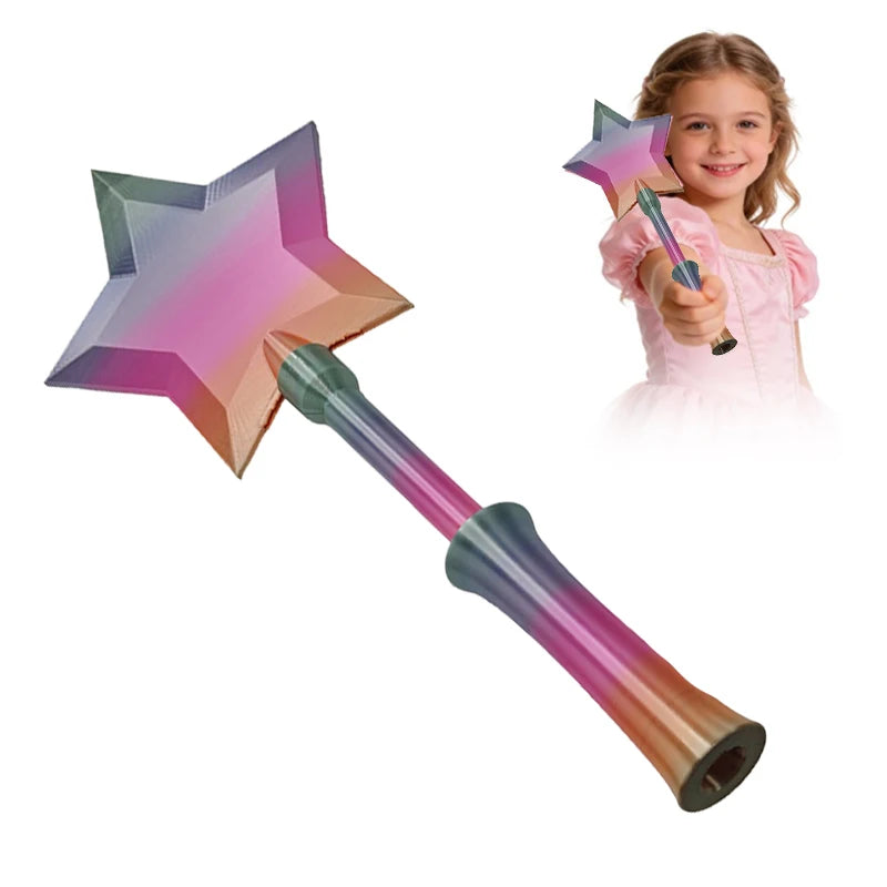 A child holds a 3D printed magic wand with a star-shaped head and a colorful, cylindrical handle.