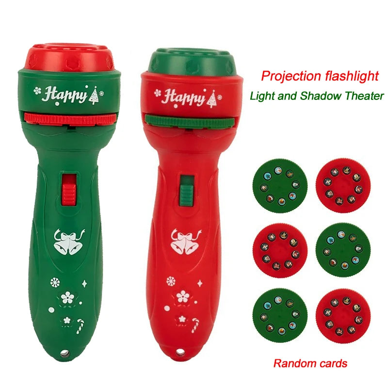 A set of red and green projection flashlights with various colored cards for a light and shadow theater.