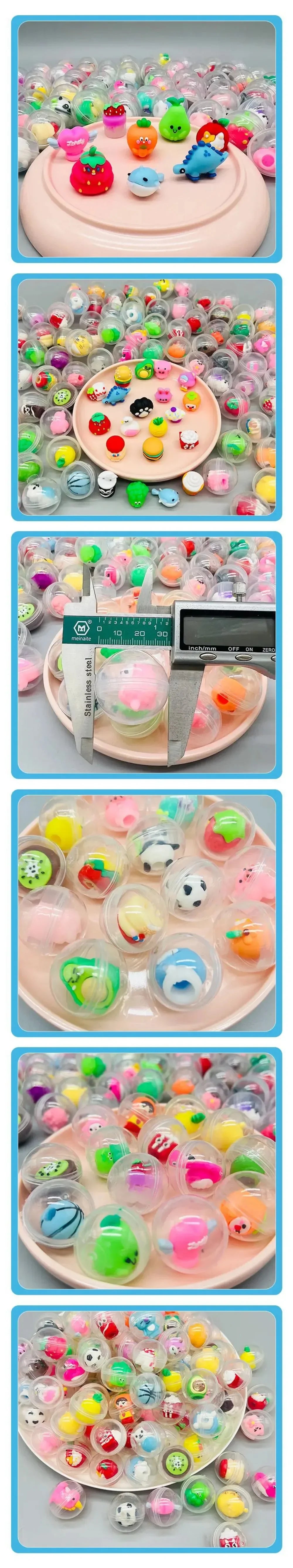 A collection of transparent plastic eggshell party favors in various colors and shapes arranged on a pink tray.