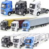 A collection of black, white, and blue 1:50 scale diecast container trucks with pull-back action.