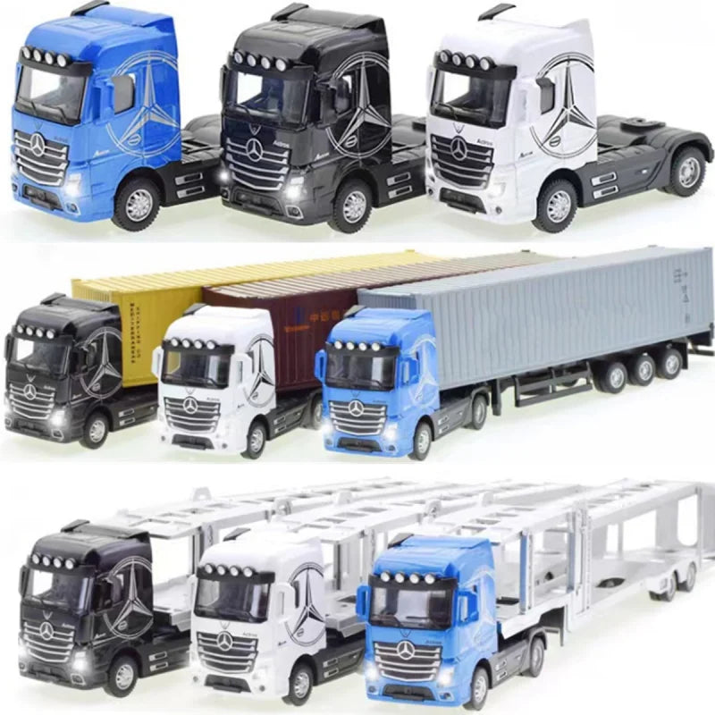 A collection of black, white, and blue 1:50 scale diecast container trucks with pull-back action.