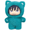 A teal plushie of a character with black hair and purple eyes wearing a hood.