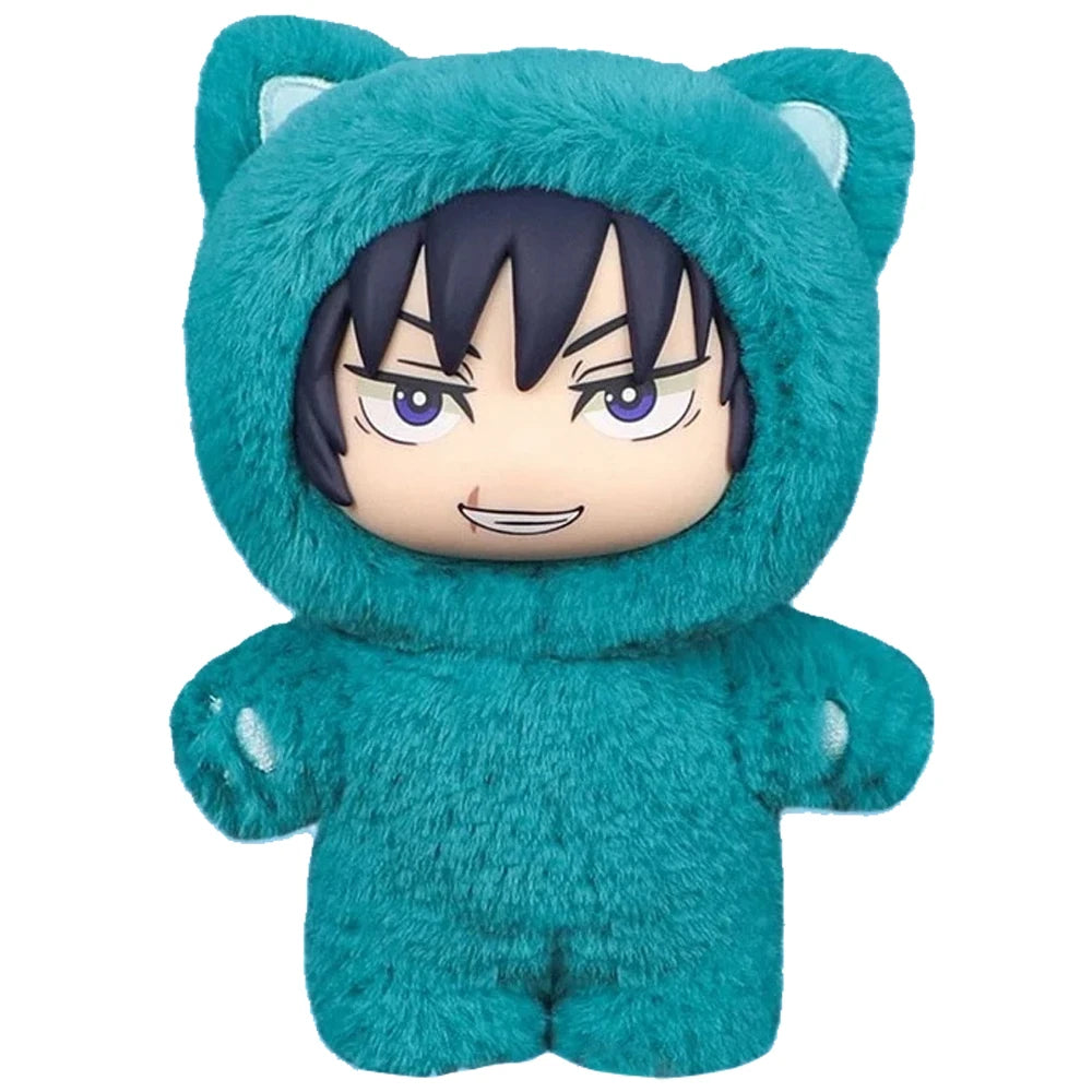 A teal plushie of a character with black hair and purple eyes wearing a hood.