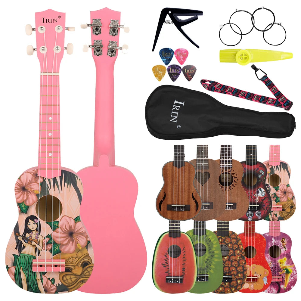 A pink ukulele with a floral body, neck, and accessories including a strap and tuner.