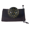 A black storage bag holds a 100-sided polyhedral die with yellow numbering.