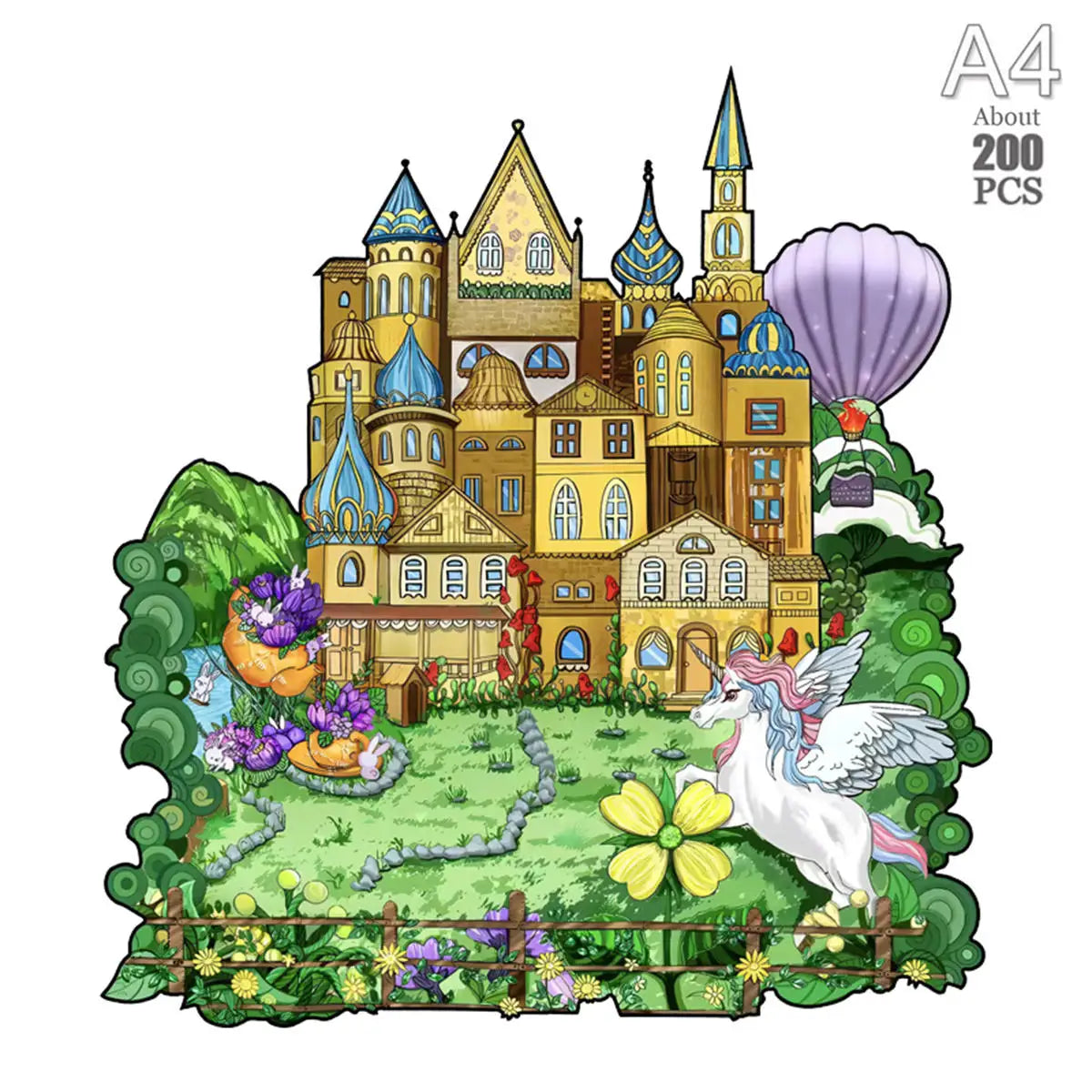 A wooden animal puzzle set featuring a castle, flower, cat, and bee in a detailed 3D jigsaw for kids and adults.