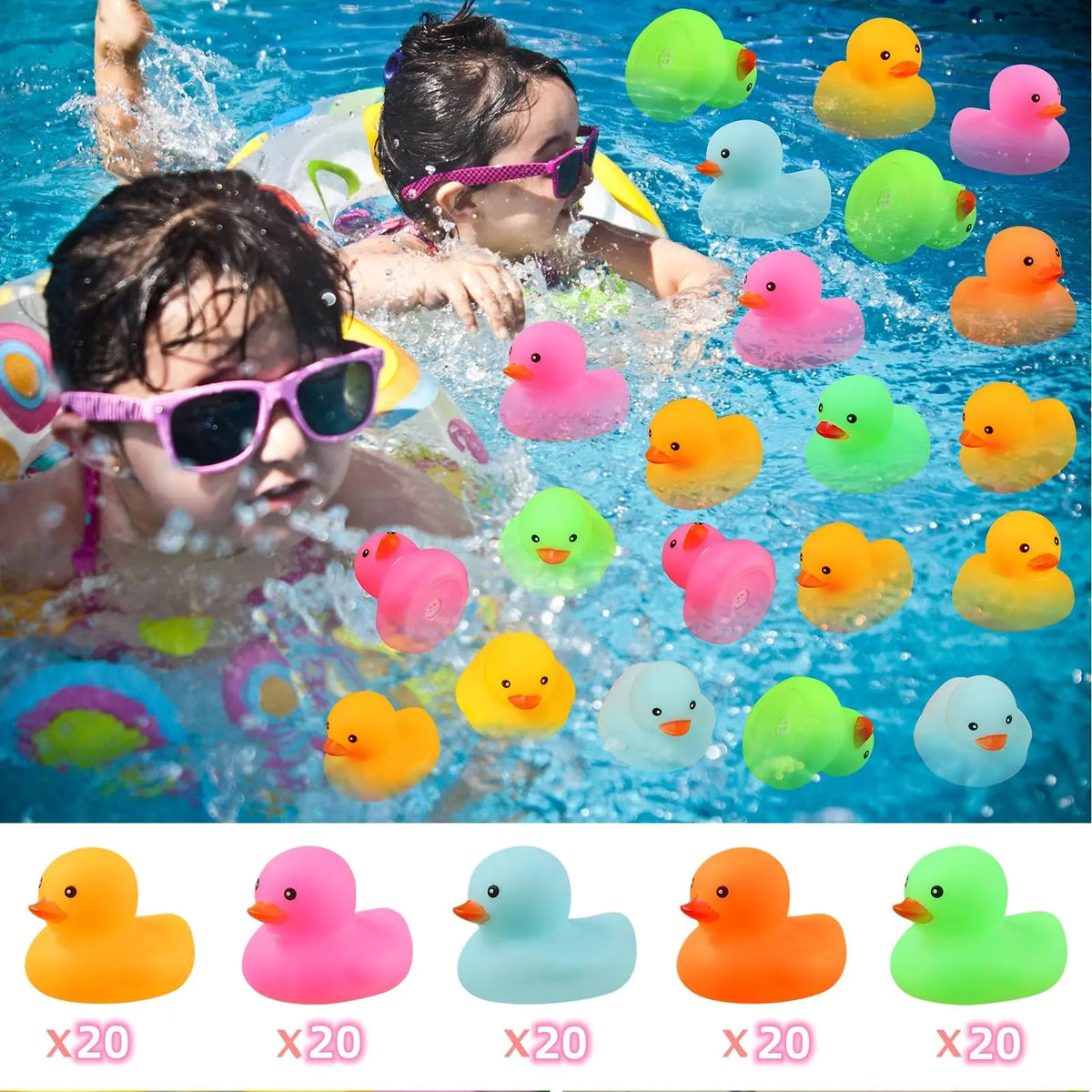 Assorted mini silicone rubber ducks in various colors like yellow, pink, and green for bath and play