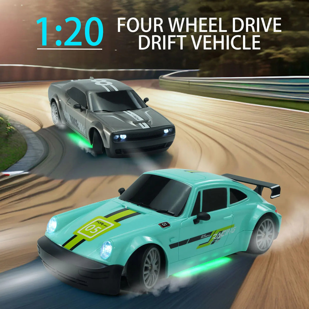 A teal drift vehicle is shown driving on a racetrack, with another car in the background.