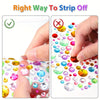 Demonstration showing the correct way to strip off self-adhesive rhinestone stickers, contrasting proper removal with incorre