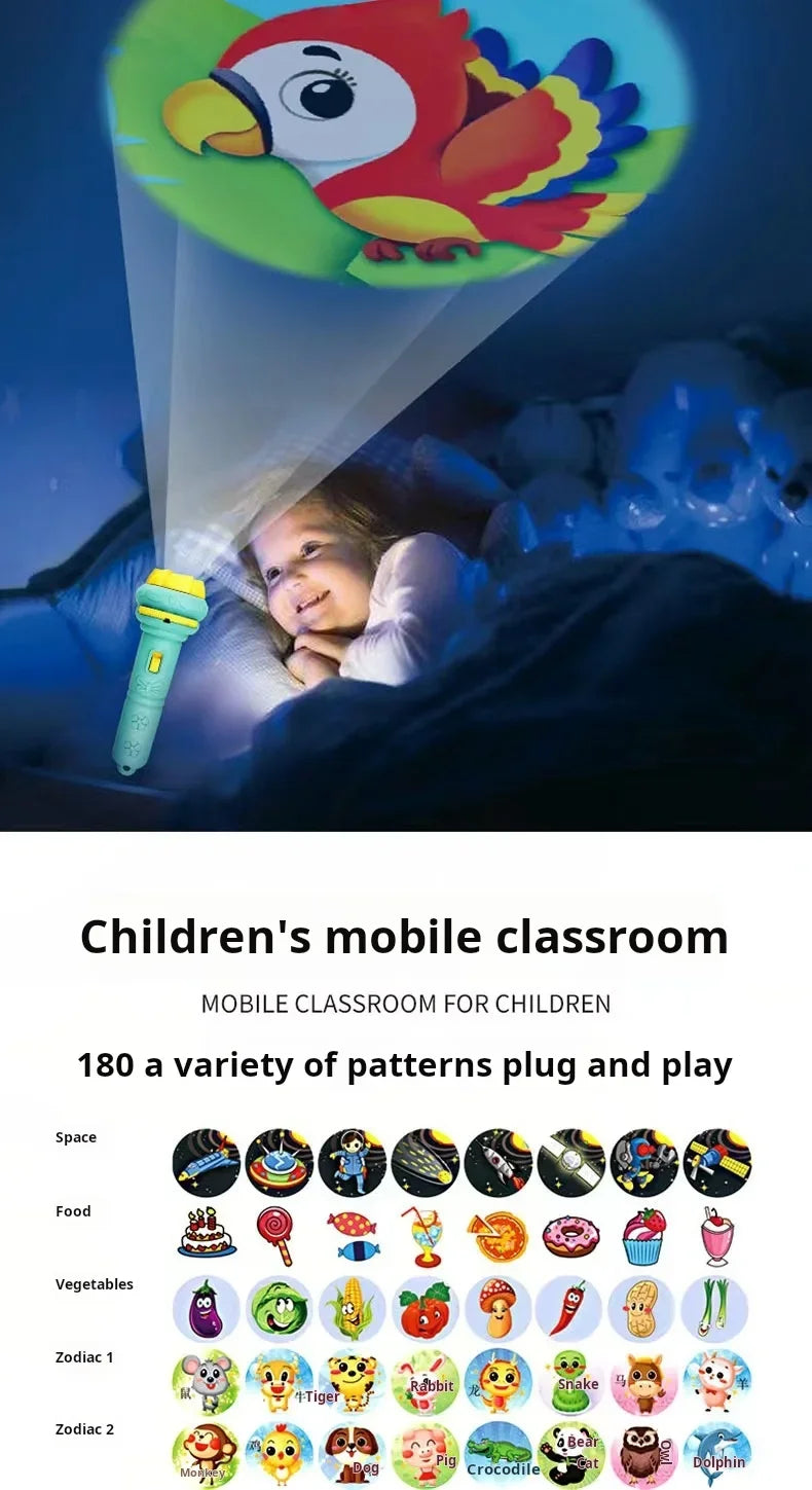 Kids' Projection Flashlight with 80 animal patterns for bedtime learning showing a colorful projection of a bird over a child