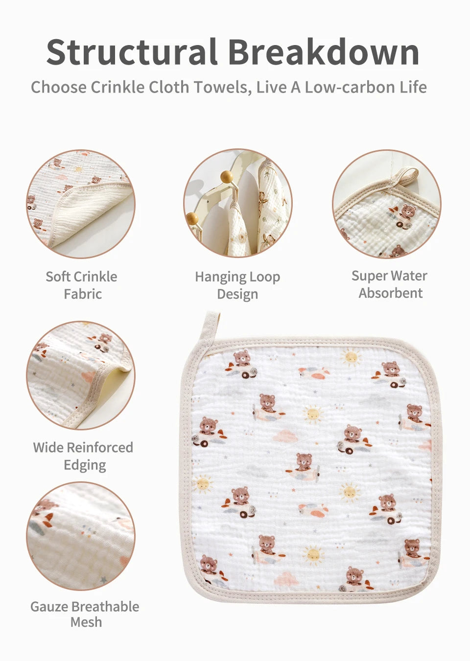 A set of soft crinkle cloth towels featuring a white background with small bear patterns and reinforced edges.