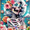 Diamond painting kit featuring a skull woman tarot design with vibrant colors and roses.