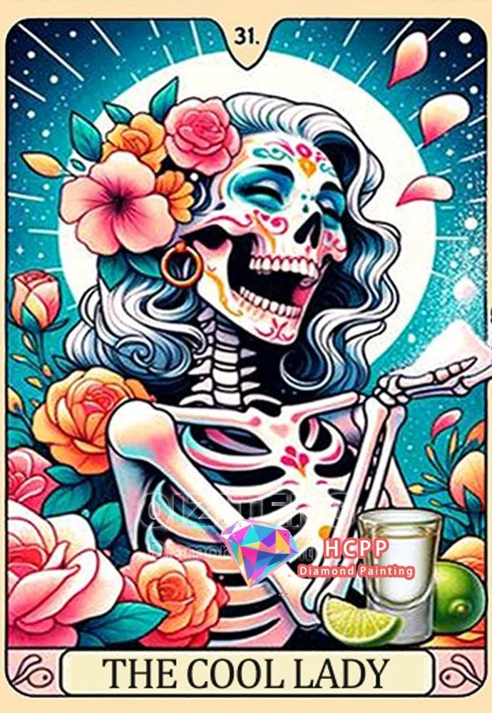 Diamond painting kit featuring a skull woman tarot design with vibrant colors and roses.