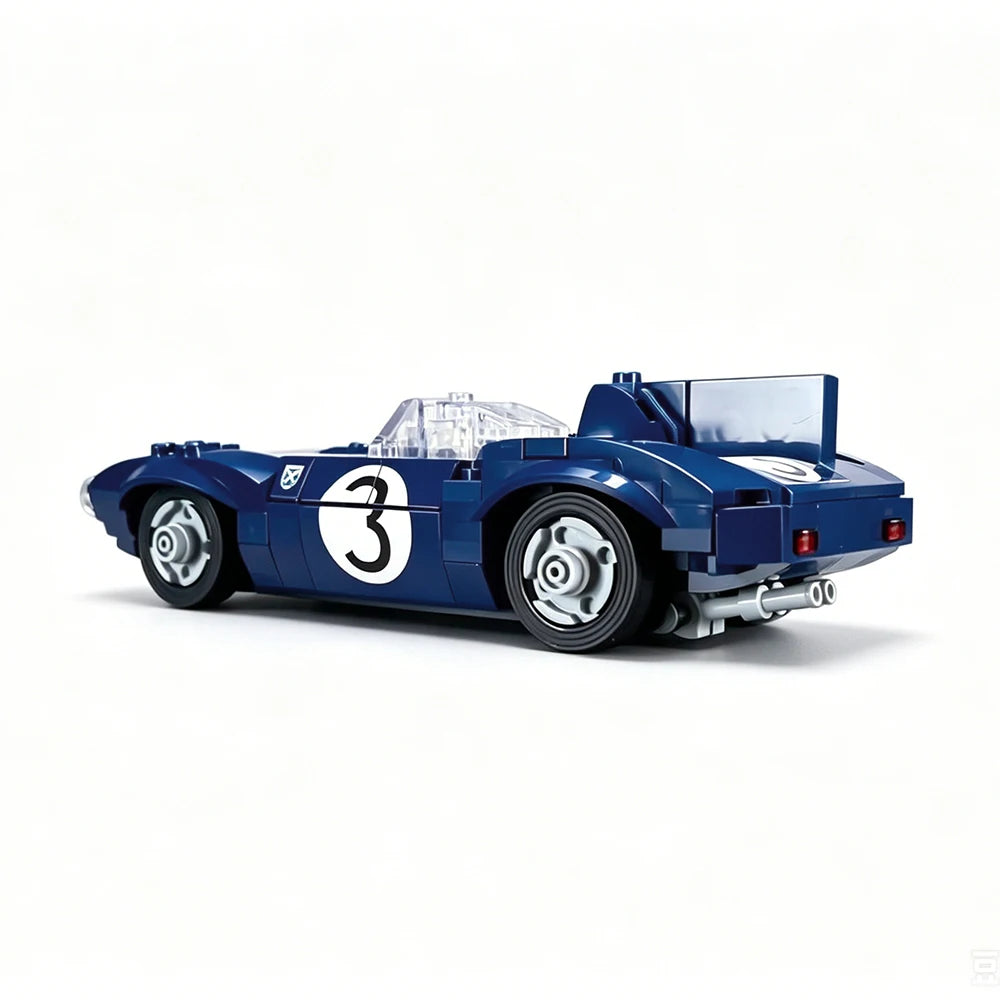 A blue Le Mans Raceway building block set featuring a race car model with the number 3.