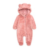 A pink baby bear fleece hooded romper with a zipper.