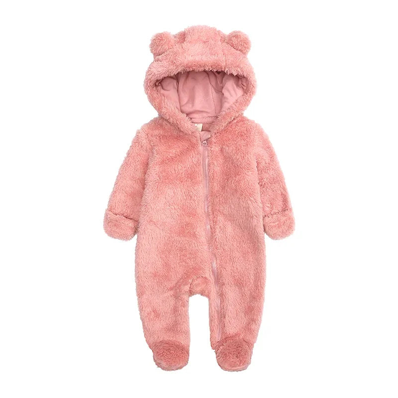 A pink baby bear fleece hooded romper with a zipper.