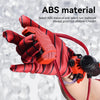 A hand wearing a red glove is holding an orange spider wrist launcher water blaster.