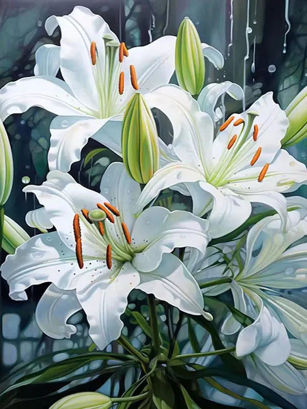 Close-up painting of white lily flowers and buds with green stems against a dark background.