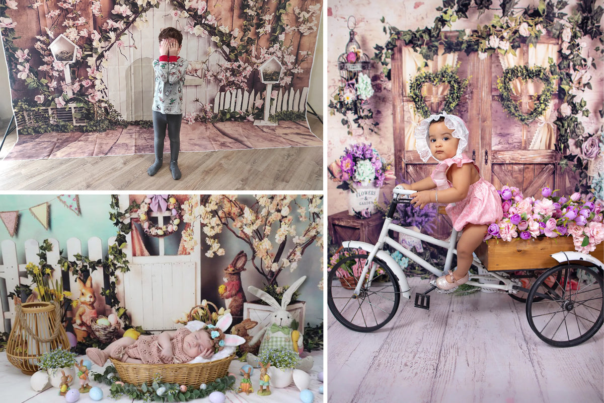 A mermaid theme party backdrop featuring a wooden castle and floral decorations with a child posing in front of it.
