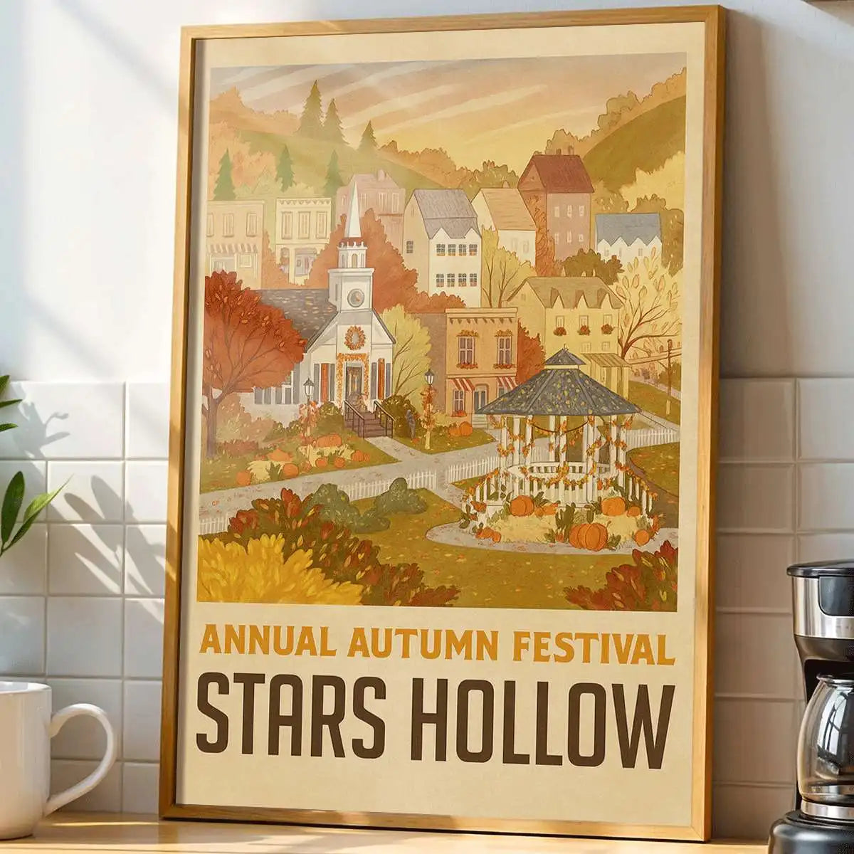 Vintage Autumn Festival Art Print — Cozy Window Scene Wall Decor