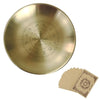 A brass pentagram altar plate with etched astrological symbols and ritual parchment cards.