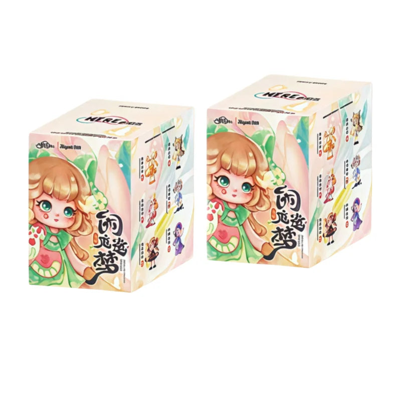 A box of a collectible figurine featuring a girl with pink hair and green clothing, packaged as a blind box.