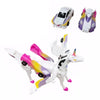 A transforming unicorn car set featuring a white and purple vehicle and a white unicorn figure.